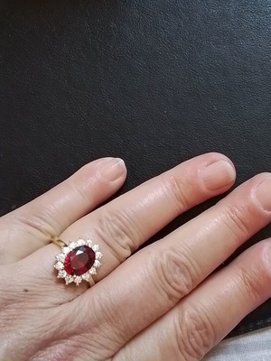 Rosette ring 925 silver gold plated like new, red zircon stone