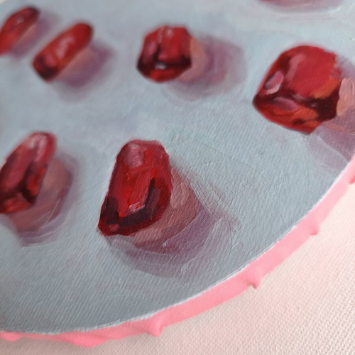 Handmade circular painted canvas like new with pomegranate seeds