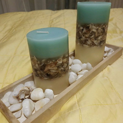 Sea Waves candle set with shells and wooden base like new