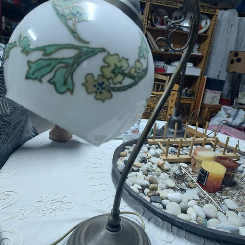 Handmade table lamp used, hand-painted with enamel, bronze base