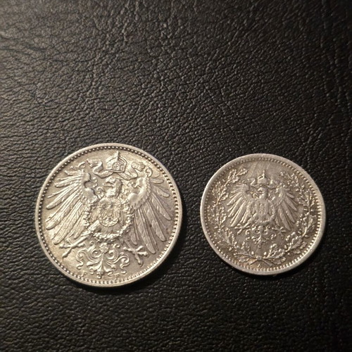 Silver 1 Mark and 1/2 Mark coins 1914 and 1916