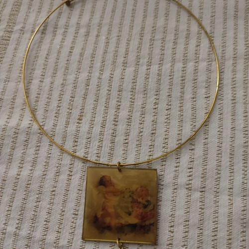 Vintage handmade choker necklace with square pendant and green bead