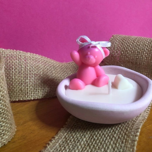 Handmade candle pink teddy bear on plate new