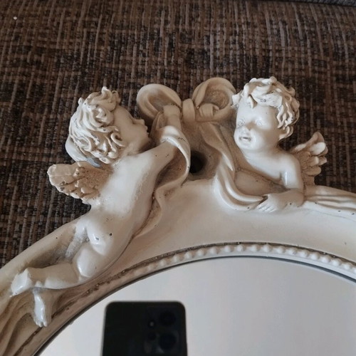 Vintage mirror with angels used, white-beige resin-like material