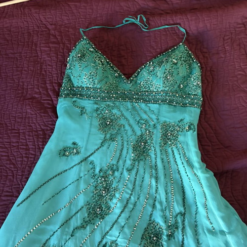 Charly evening dress like new, 100% silk turquoise with bead embroidery
