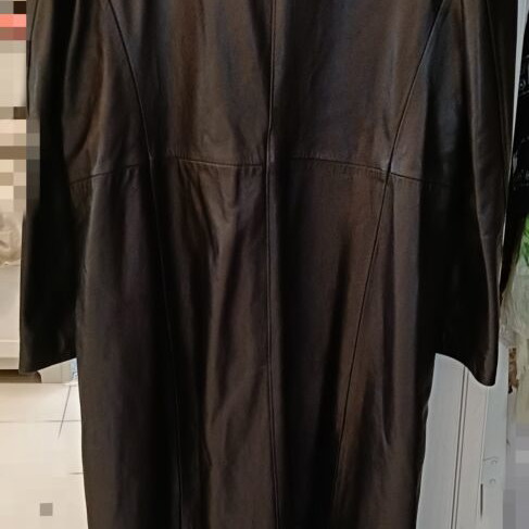 Black long leather trench coat, women's medium