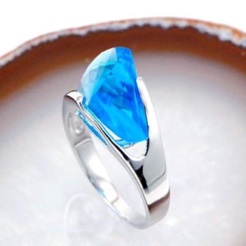 Blue Topaz Crystal ring in silver platinum plated 925 new