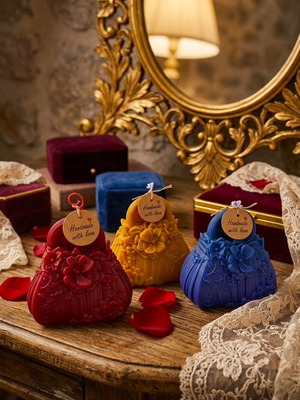 Handmade bag-shaped candles new, with embossed designs