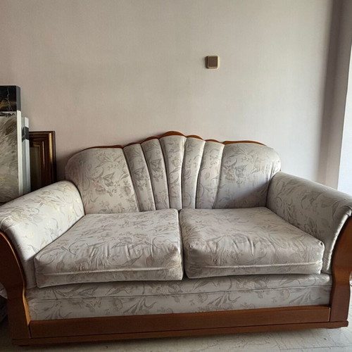Living room furniture set used with sofa, armchair, covers, and table