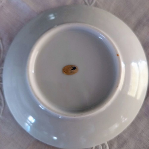 Vintage porcelain trinket dish Delft style blue white with gold stripe used