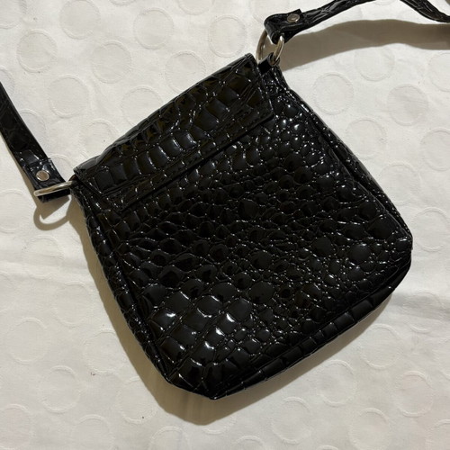 Vintage patent leather crossbody bag, black, medium size, crocodile pattern