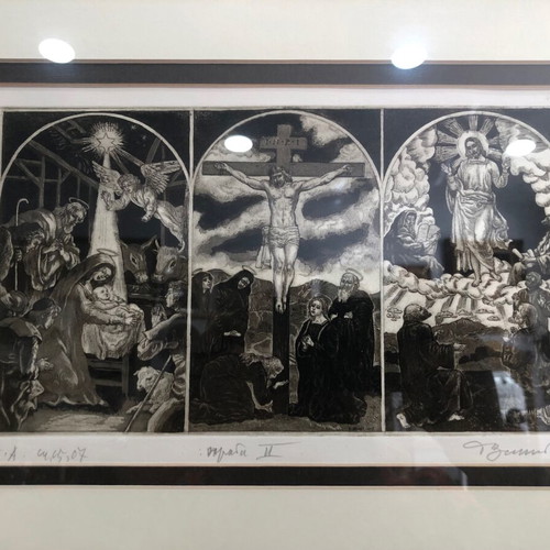 David Bekker woodcut used depicting the birth, crucifixion, and resurrection of Christ