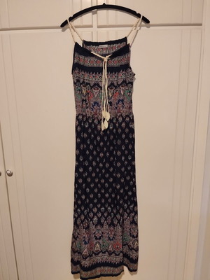 Summer dress large with elastic under bust and cord straps used, multicolor