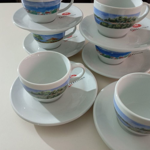 Lumidhs Coffee Cup and Saucer Set of 6 with Greek Landscapes and 6 White Italian Plates new