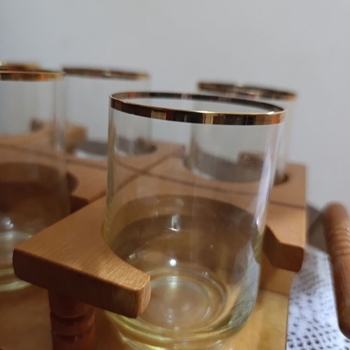 Vintage tray with 6 glasses new, wooden with crystal glasses