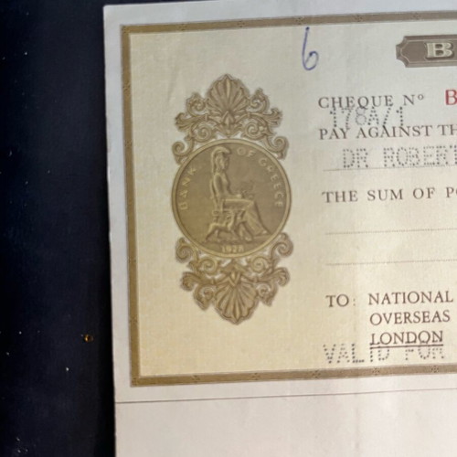 Bank of Greece cheque London 1979 like new