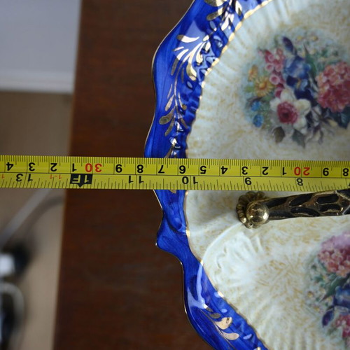 Vintage porcelain raised platter used, 27 cm diameter with brass details