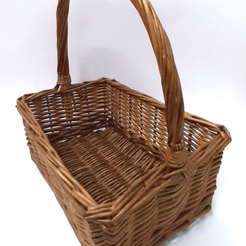 Vintage woven basket 1950s with high handle, natural wicker