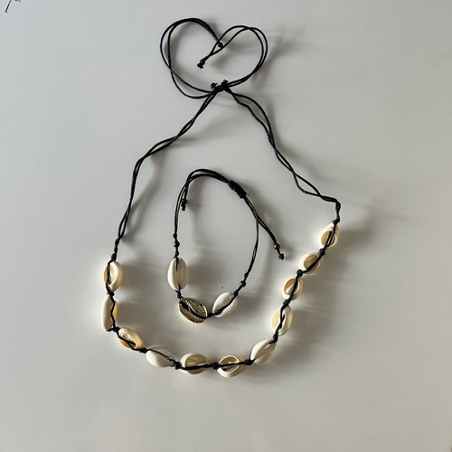 Shell necklace and bracelet set with black cord, like new