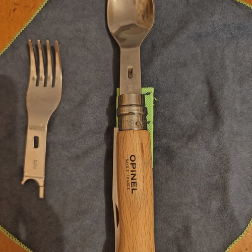 Opinel multitool with knife, fork, spoon and cleaning cloth like new