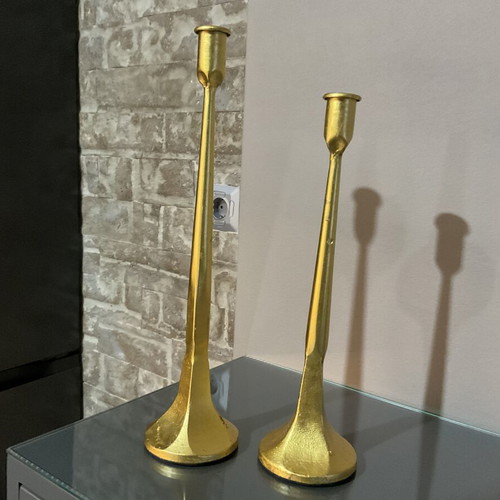 Set of two brass candlesticks with 24k gold leaf
