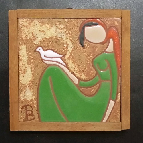 Ceramic tile used with girl and dove motif 9.5x9.5