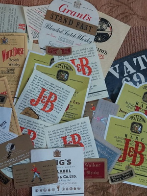 Drink labels like new, lot of 35 mainly whisky for collectors