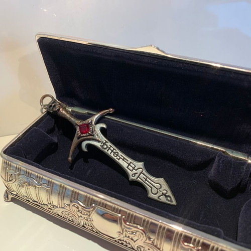 Alchemy Gothic Sword Pendant used, 1993, pewter and crystals