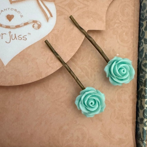 Handmade hair clips with mint rose design new