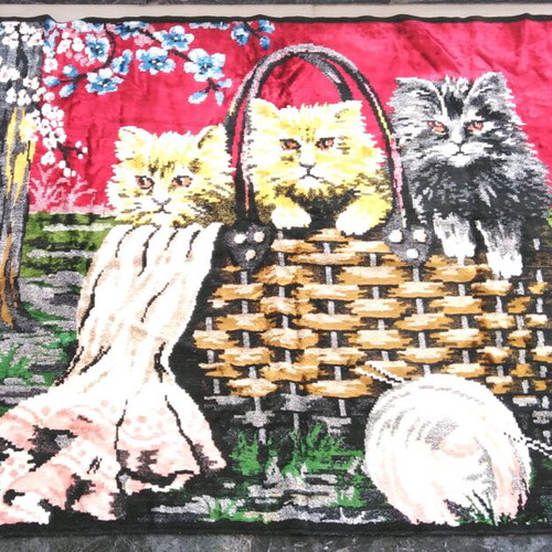 Velvet wall tapestry with cats theme used, 1.40x1.00 m