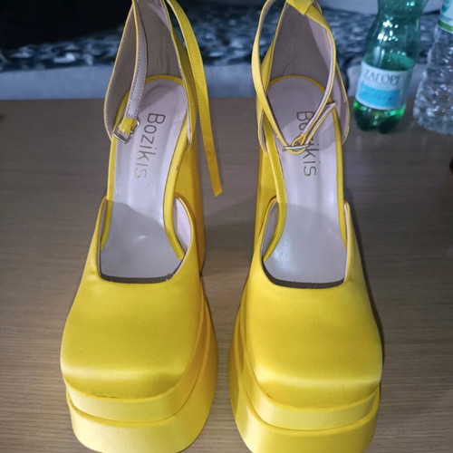 Bozikis yellow satin pumps with chunky platform like new, size 38