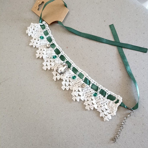 Vintage boho knitted choker necklace with petrol ribbon and crystals