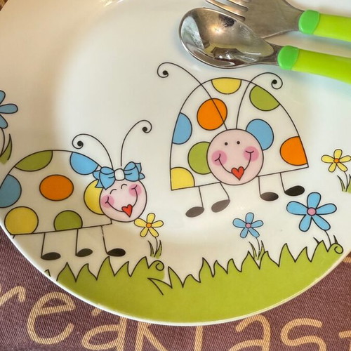 Porcelain kids dining set new with plate, glass, egg cup, fork and spoon