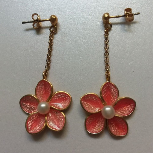 Silver gold-plated earrings pink flower with pearl and enamel new