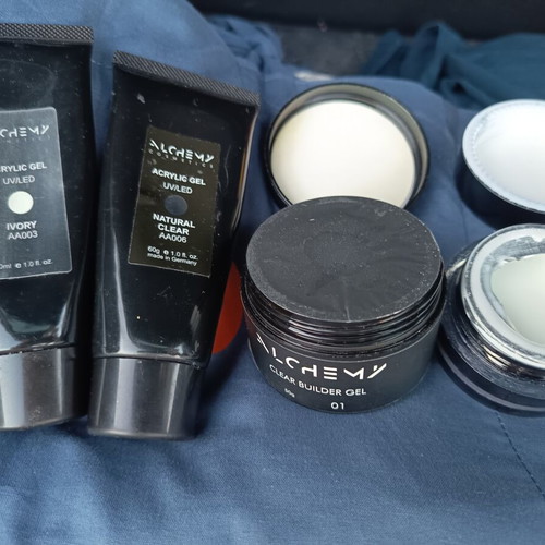 Acrygel nail gels used, clear sealed, milky