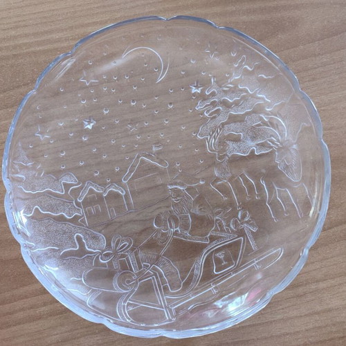 Christmas glass serving platter with Santa and sleigh