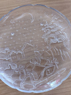 Christmas glass serving platter with Santa and sleigh