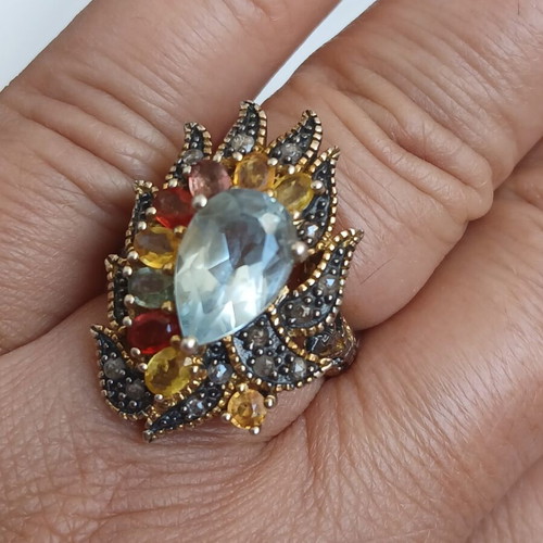 Ring with semiprecious stones, 9K gold, 925 silver and old cut diamonds, 17 mm