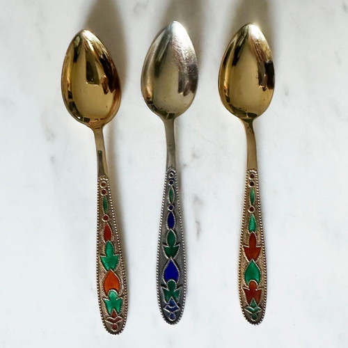 Set of 3 Soviet Silver 875 Spoons with Enamel