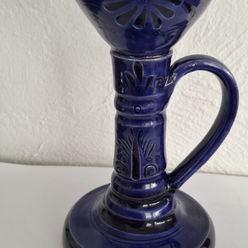 Handmade ceramic oil lamp with Sifnos style, cobalt blue, like new