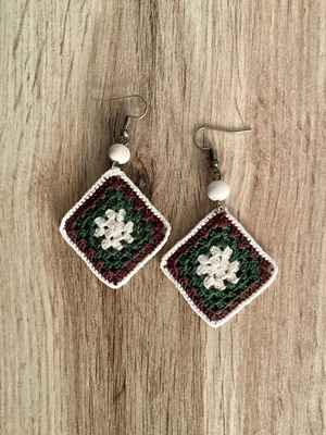 Χειροποίητα πλεκτά σκουλαρίκια granny square καφέ και πράσινα, καινούργια