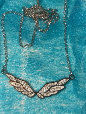 Steel necklace new, silver with wings and rhinestones