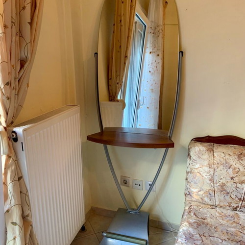 Hair Salon Console Mirrors like new, modern, with wooden shelf and metal base, 2 pcs