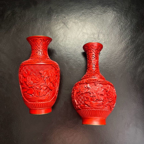 Set of 2 handmade antique cinnabar vases new