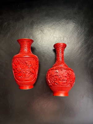 Set of 2 handmade antique cinnabar vases new