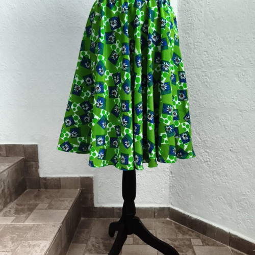 Handmade midi flared skirt, green with blue geometric pattern