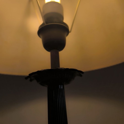 Vintage table lamp with brass and solid metal base, beige shade