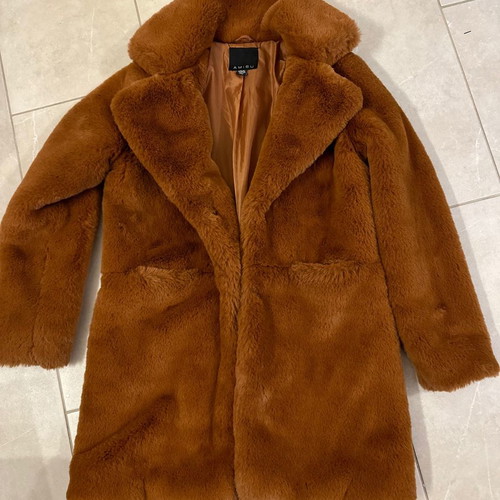 Amisu synthetic fur coat used, size 38, cognac tan color