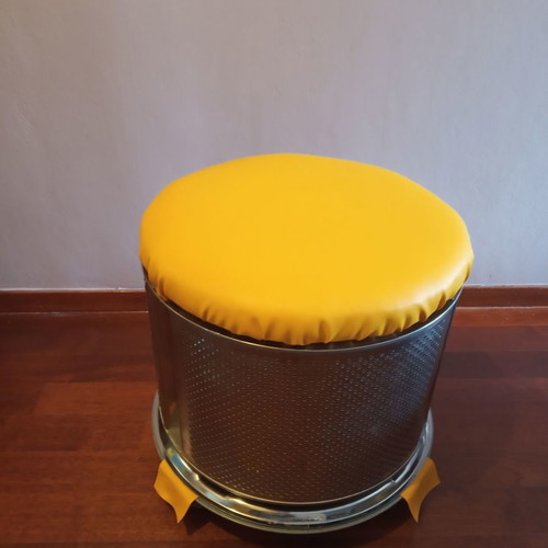 Upcycled metal wheeled stool with storage and yellow faux leather new