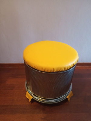 Upcycled metal wheeled stool with storage and yellow faux leather new